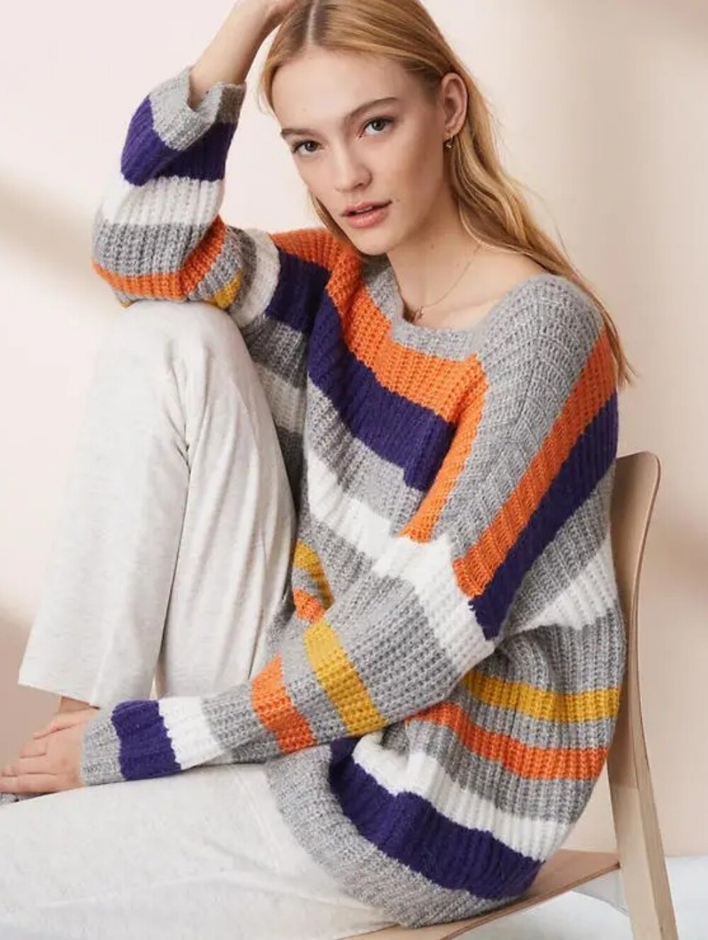 Lou & Grey Multticolorwd Oversized Boho Striped Scoop Neck Sweater Size Medium